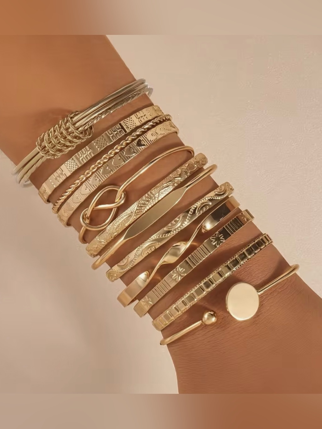 Gold Multi Style Cuff Bracelet Stack 12 Bracelet Set